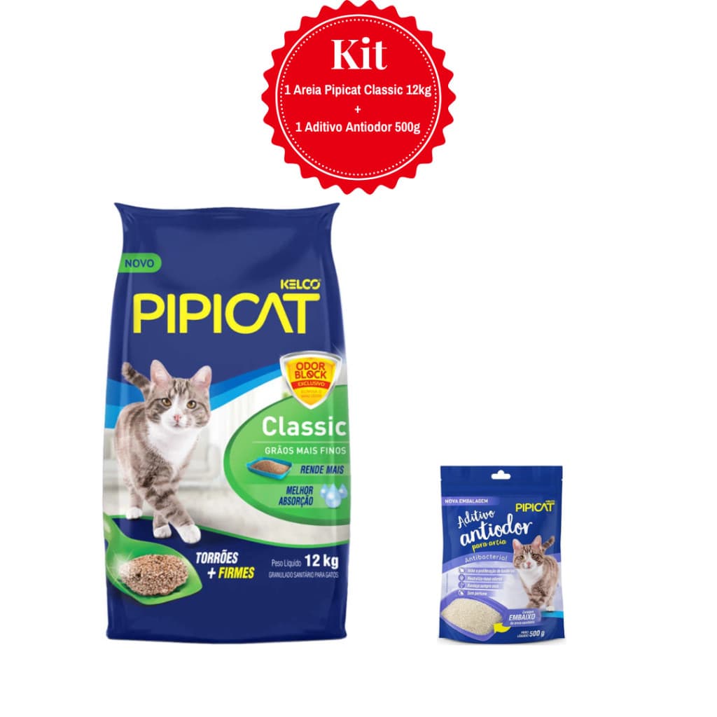 Kit: 1 Areia Para Gatos Pipicat Classic 12kg + 1 Aditivo Antiodor 500g - Areia Para Gatos Aditivo Para Caixa de Areia