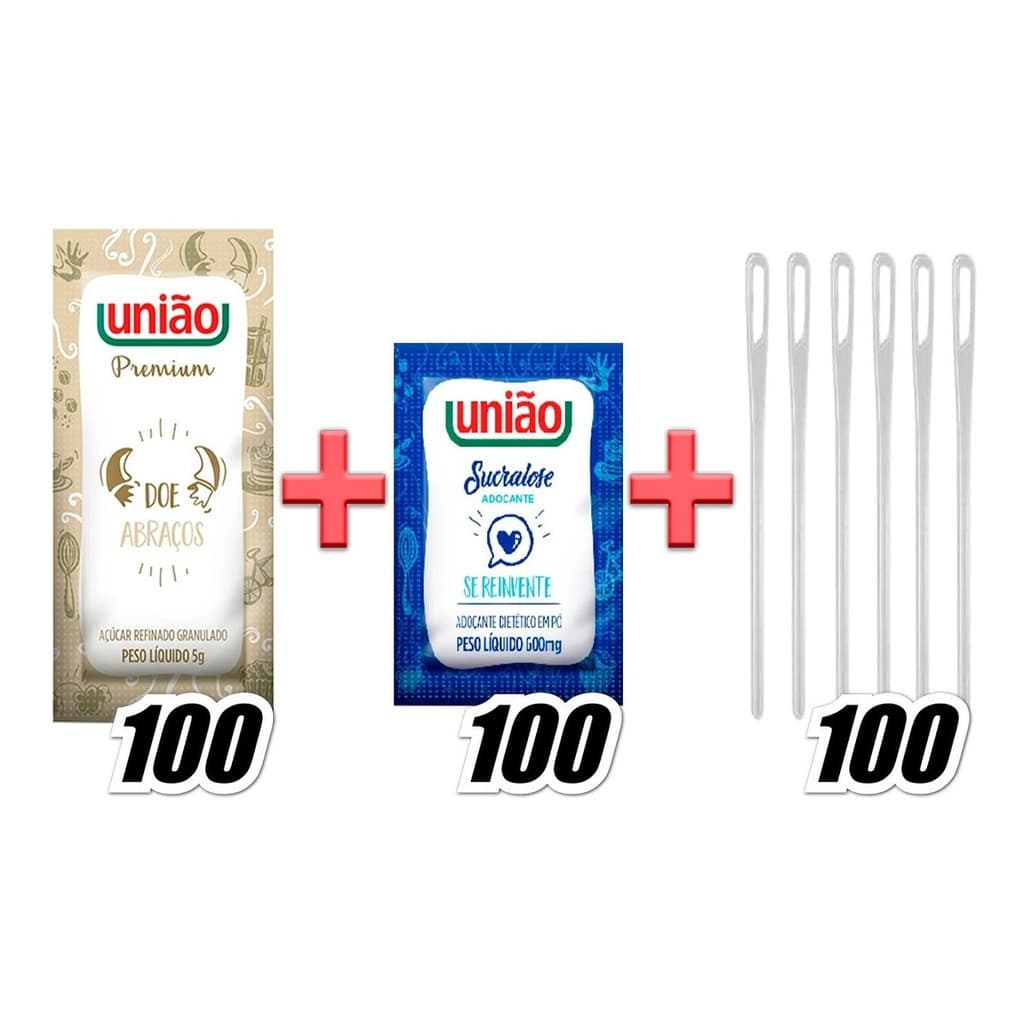 KIT 100 AÇUCAR  SACHE 100 ADOÇANTE SACHE 100 MEXEDOR UNIAO