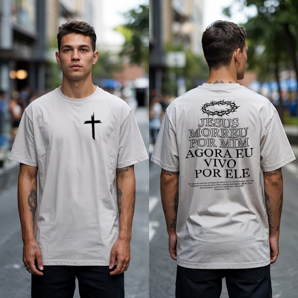 Camiseta Masculina Algodão Cruz Jesus Morreu Por Mim Camisa