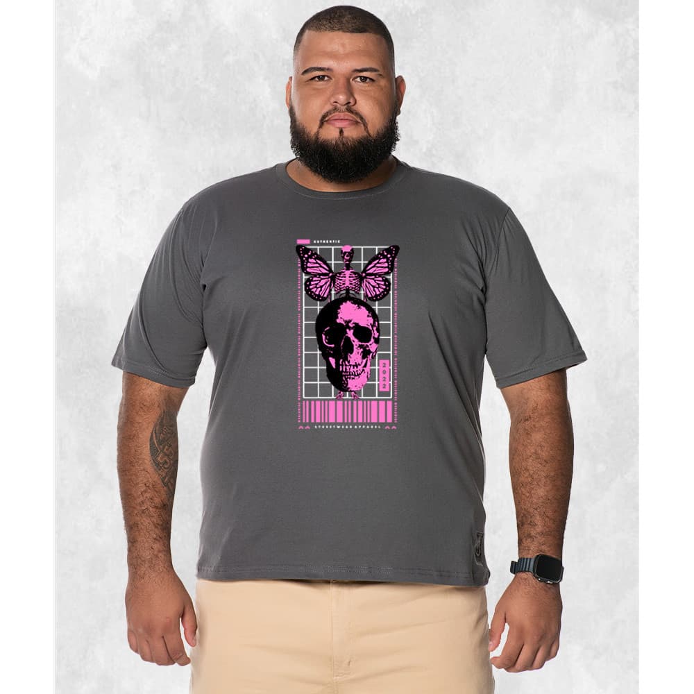 Camiseta Estampada Plus Size Tamanho Especial Caveira Borbolet