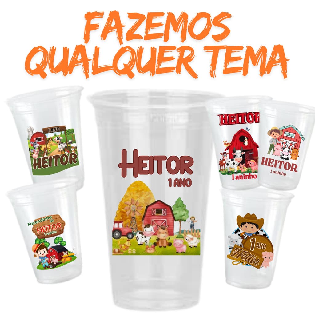Copo Descartável Personalizado Colorido Aniversário Fazendinha Menino Azul- Kit c/ 100