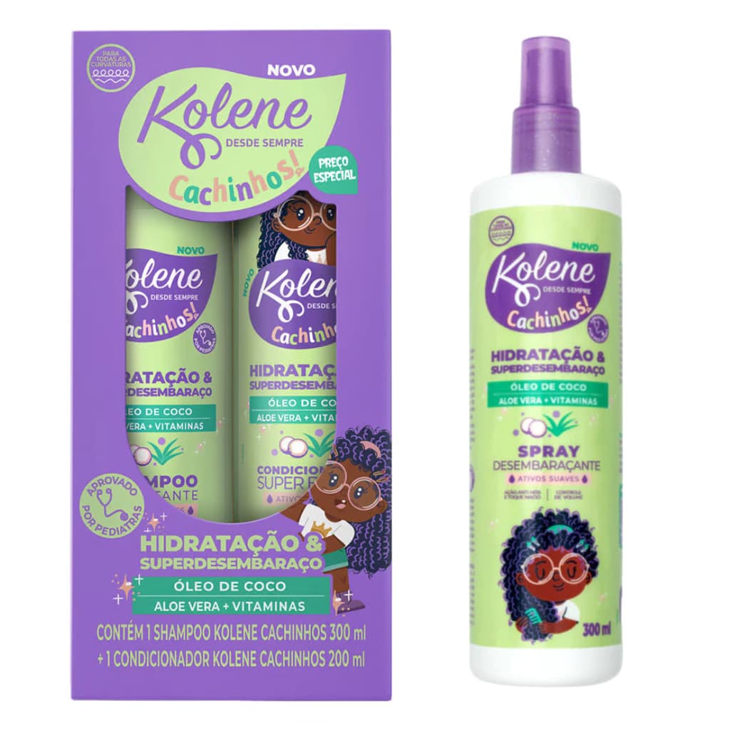 Kit Kolene Cachinhos Sh300ml+cond200ml+spray desembaraçante 300ml