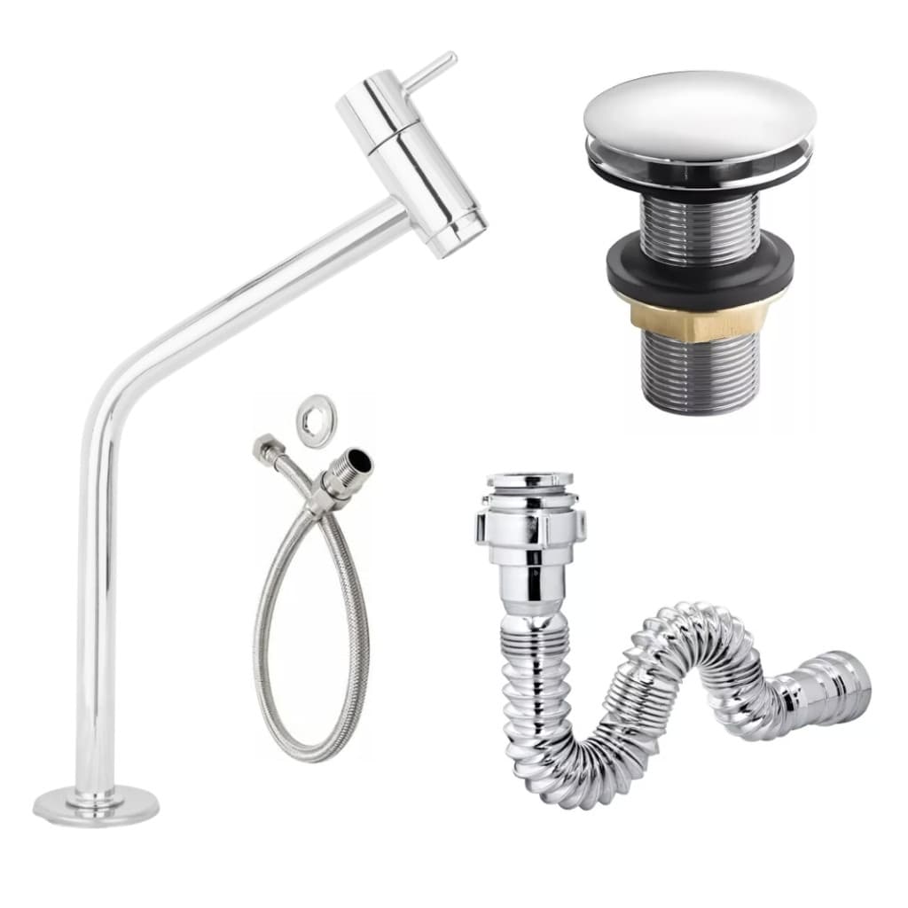Kit Torneira Cuba Lavatorio Link Metal /Valvula Click Cromada + Sifão Cromado Flexível + Enagete 40 cm