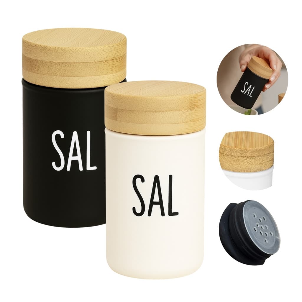 Saleiros de Mesa 90ml com Tampa de Bambu Cores Preto ou Branco Porta Sal de Vidro