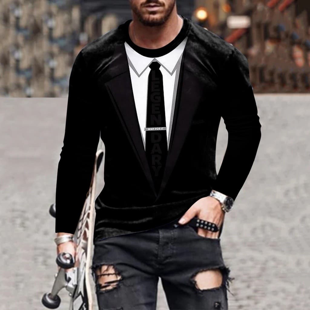 Gravata Borboleta 3d Camiseta Outono Camisa Masculina Smoking Retro Terno Impressão Casual Manga Longa Streetwear Engraç