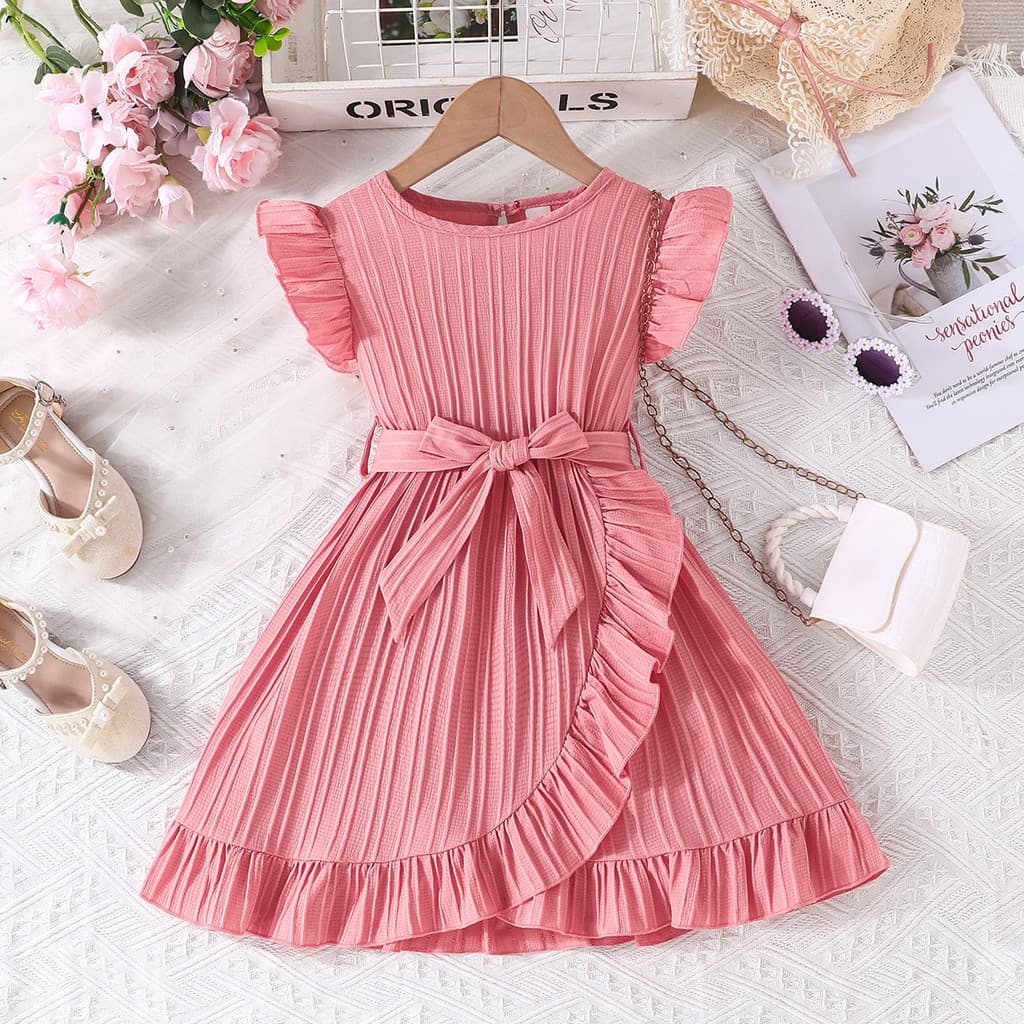 Vestido De Moda De Verão Para Meninas  Novo Padrão 3 A 8 Anos  Cor Sólida  Listra Ondulada  Manga Voadora  Vestidos