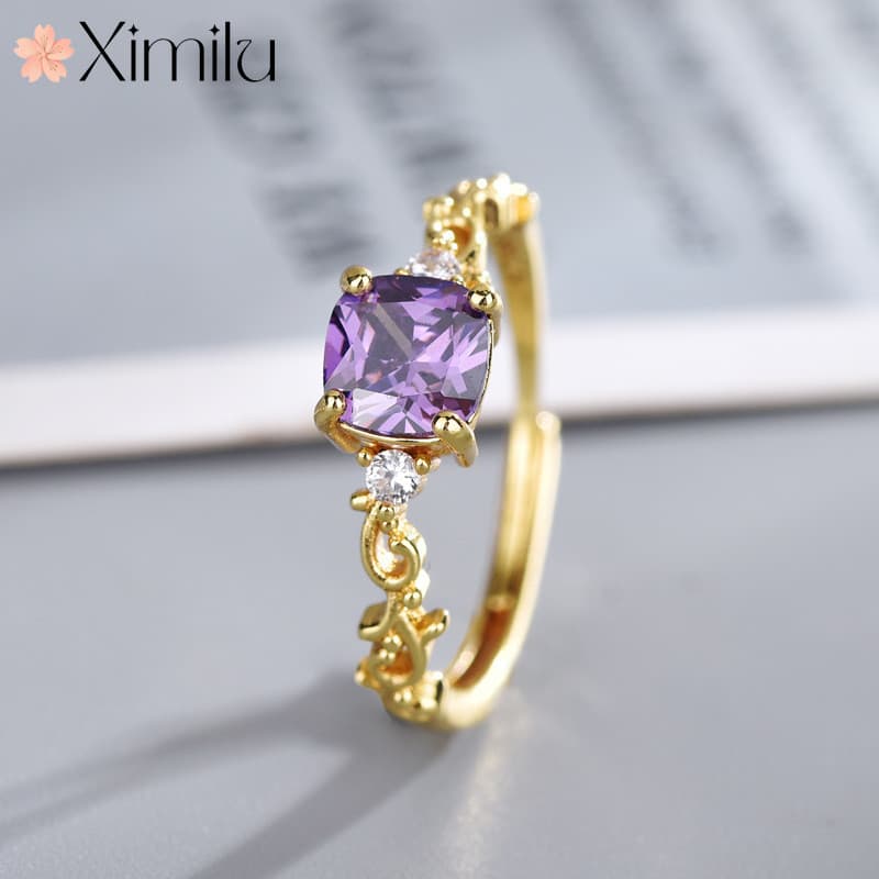 ♥ Luxo venda quente quadrado ametista anel feminino Popular Original jóias de ouro