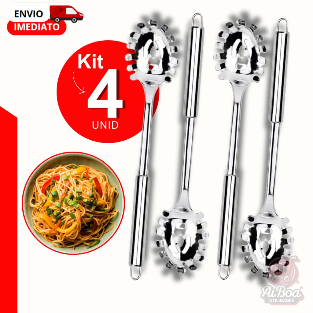 Kit 4, 2 ou 1 Pegador de Massa Inox – Colher com Dentes para Servir Espaguete