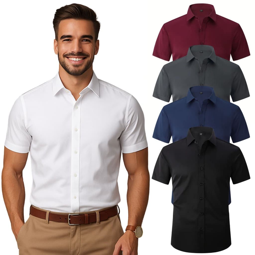 Camisa Social Masculina Slim Tricoline com Elastano Manga Curta e Não Amarrota