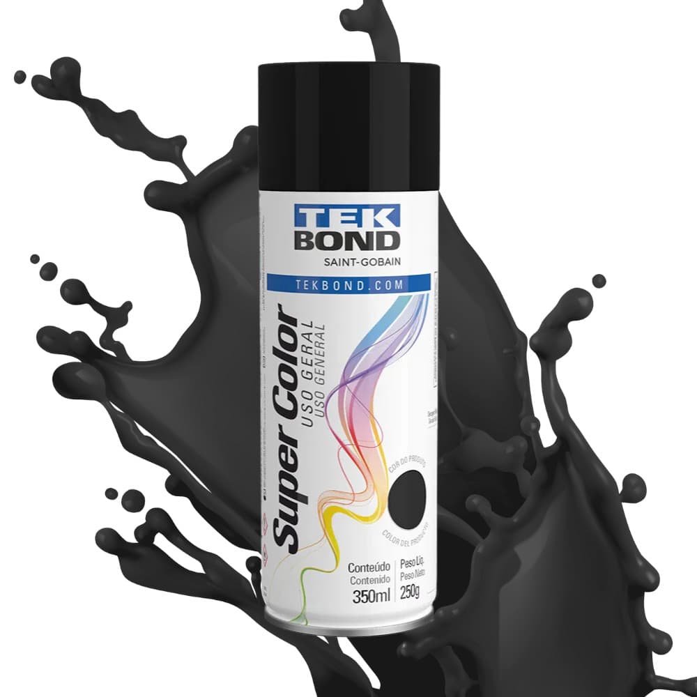 Tinta Spray Preto Brilhante Acrílica Tekbond Uso Geral 350ml Aerossol Secagem Rápida Resistente