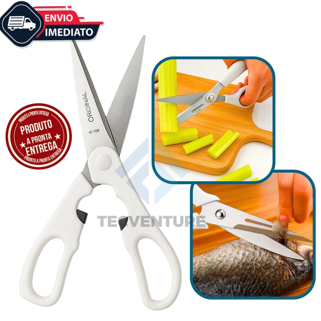 Tesoura De Cozinha Multiuso Laminas De Inox Ideal Para Cortar Ervas Vegetais Peixe Carne Embalagem Cabo Reforçado
