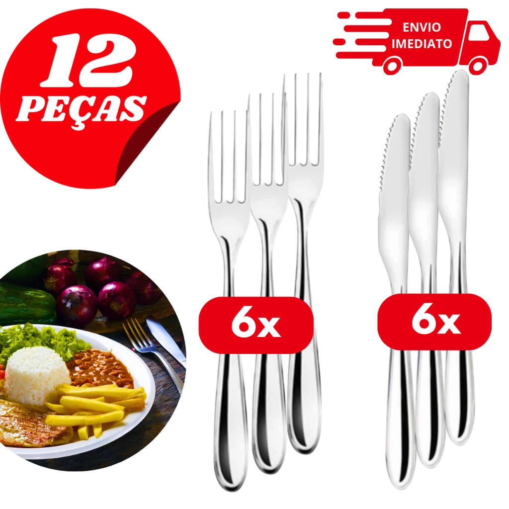 Kit Talheres Inox 12 Peças – 6 Facas e 6 Garfos de Mesa Inoxidável Durável