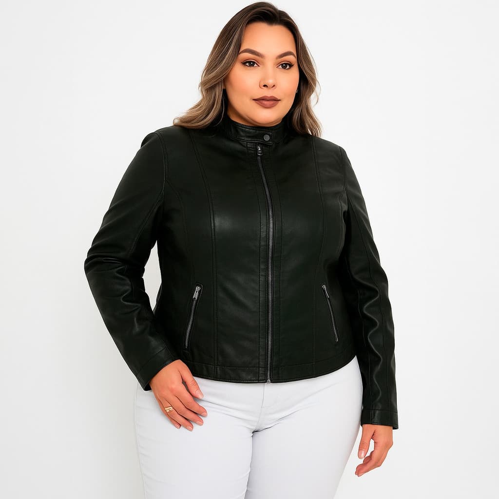 Jaqueta Couro Feminina Plus Size Sintetico Manga Longa Ziper