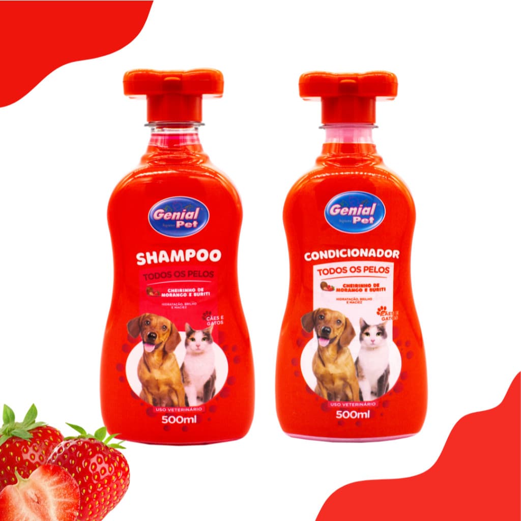 Shampoo Pet e Condicionador 500ml Genial Pet Fragrância de Morango - Cães e Gatos