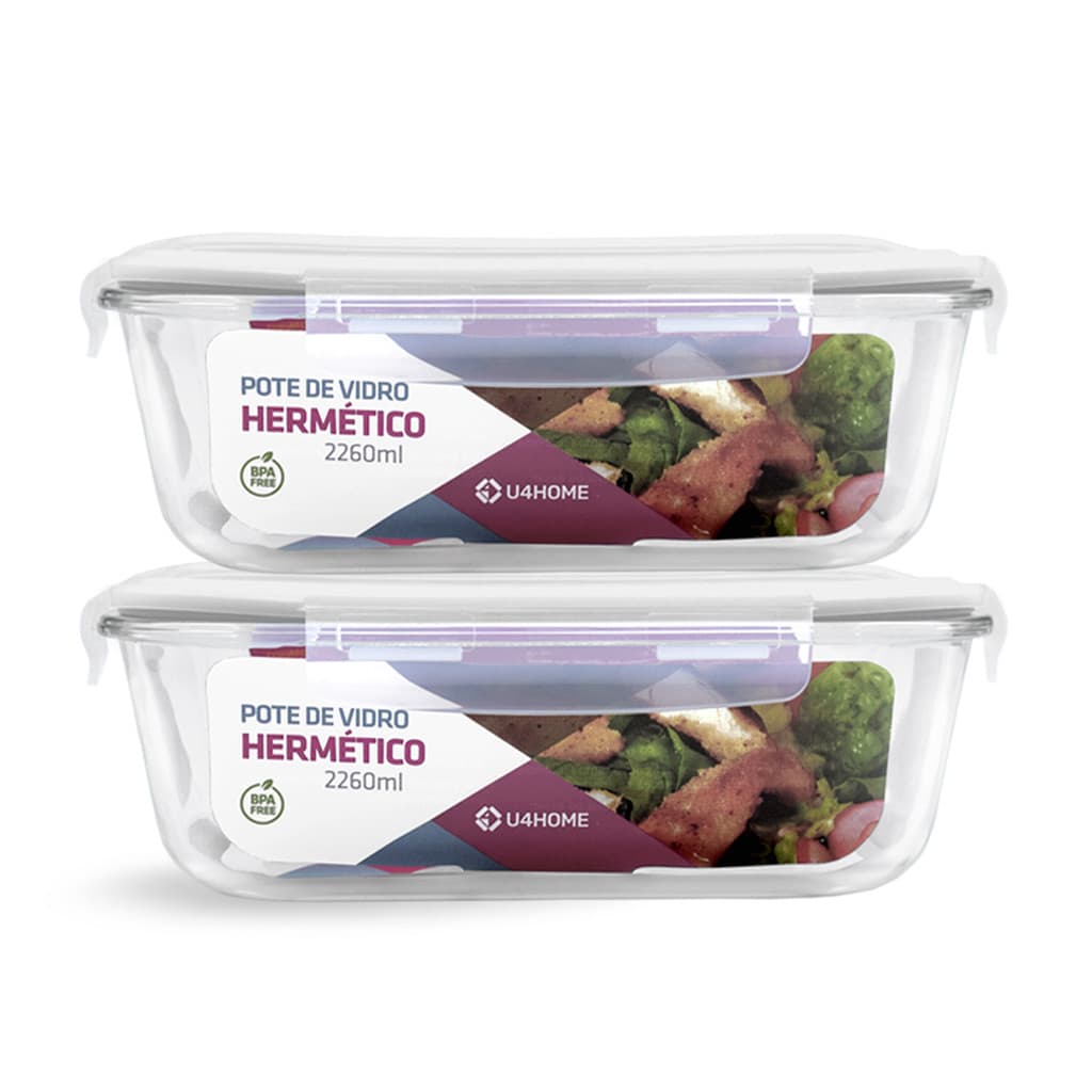 Kit 2 Potes Hermético Vidro Retangular Grande 2260ml Lasanha