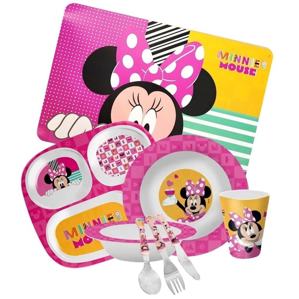 Kit Refeição Infantil Minnie 8 Peças Pratos, Tigela, Copo, Lugar Americano e Talheres - Tuut