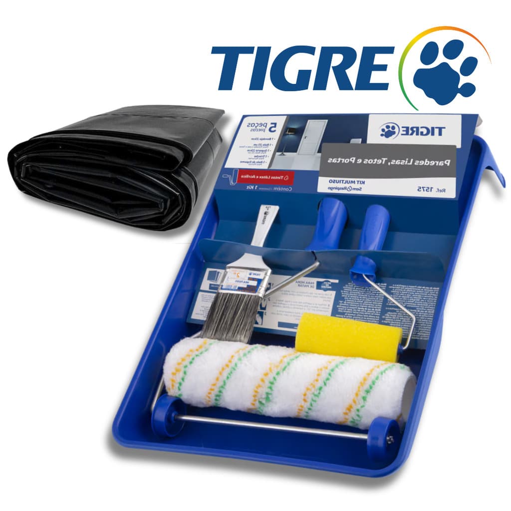 Kit Pintura de Parede Tigre 5 Peças Rolo Lã Antirrespingo + Rolo Espuma + Trincha + 2 Metros de Lona