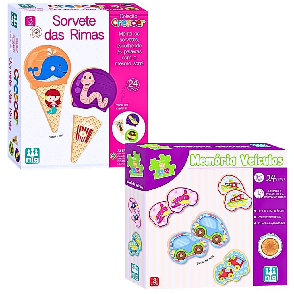Kit Brinquedo Educativo Alfabetização Sorvete Das Rimas Madeira E Jogo Da Memória Veículos