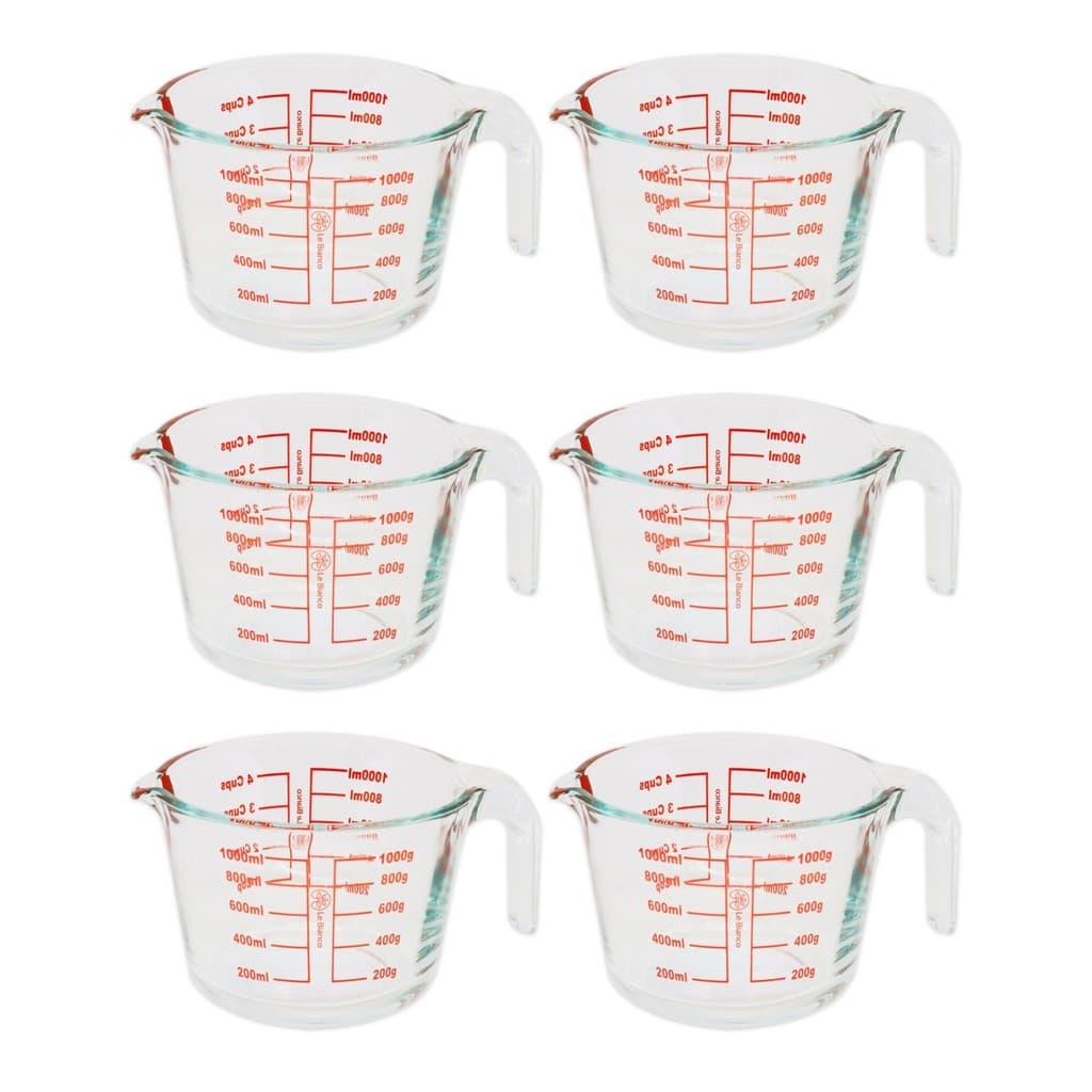 Kit 6 Jarra De Vidro Medidora Graduado 1L Com Alça Bico Temperado Culinária Receita Cozinha