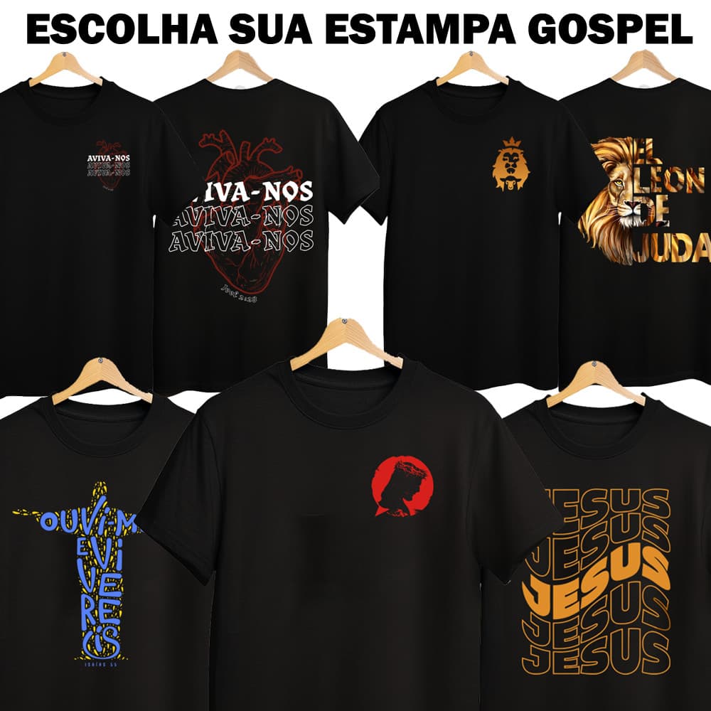 Camisa Preta com Estampas Coloridas Gospel Infantil Juvenil para Crianças de 4 até 16 anos