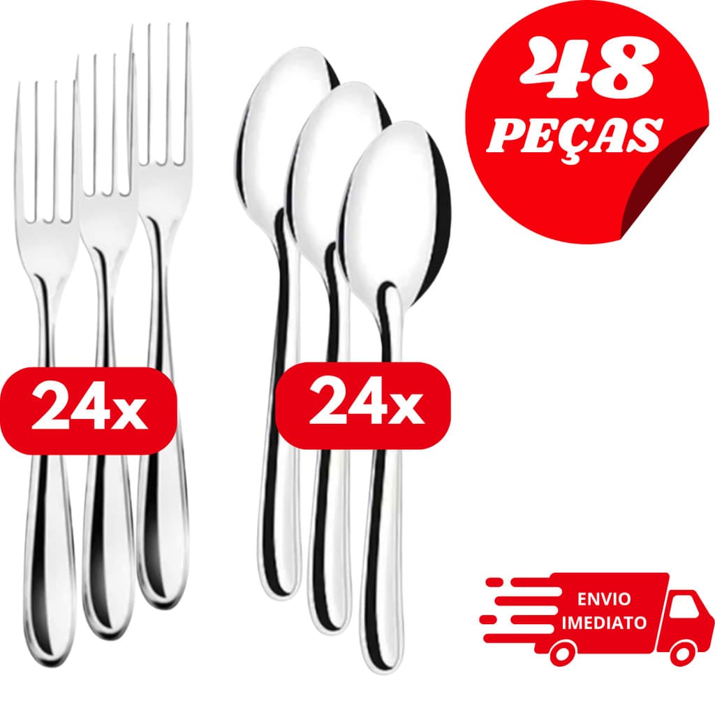 Kit Talheres Inox 48 Peças – 24 Garfos e 24 Colheres de Mesa | Aço Inoxidável Resistente