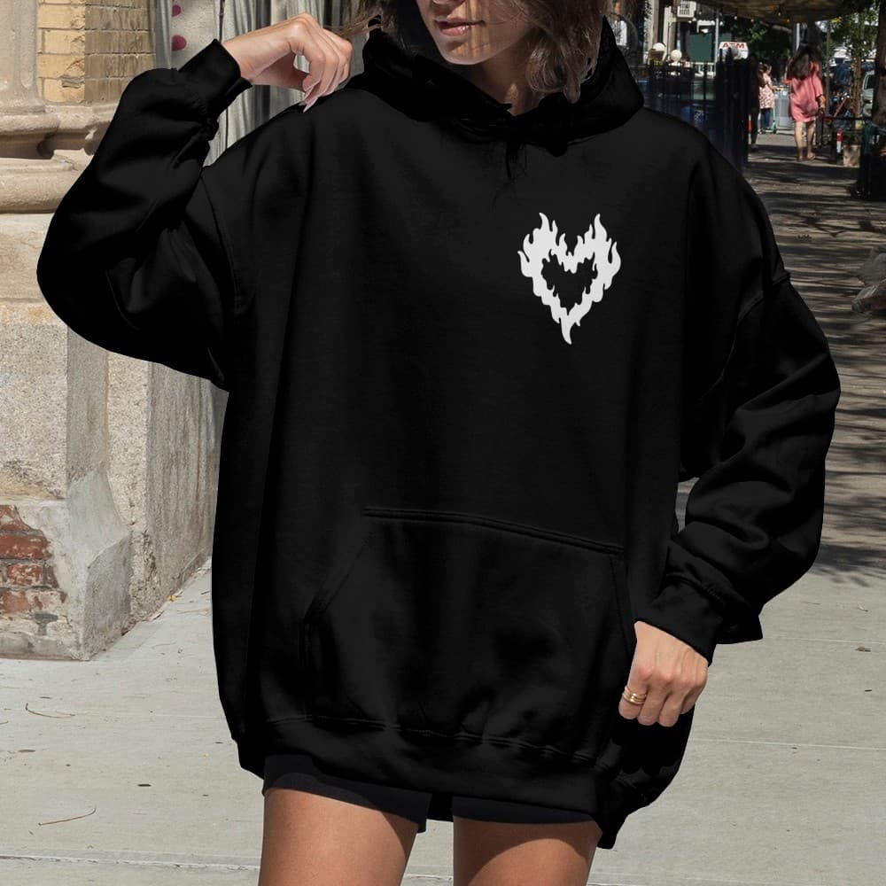 Blusa de Frio com Capuz Coração Gótico Fogo Punk Moletom Unissex