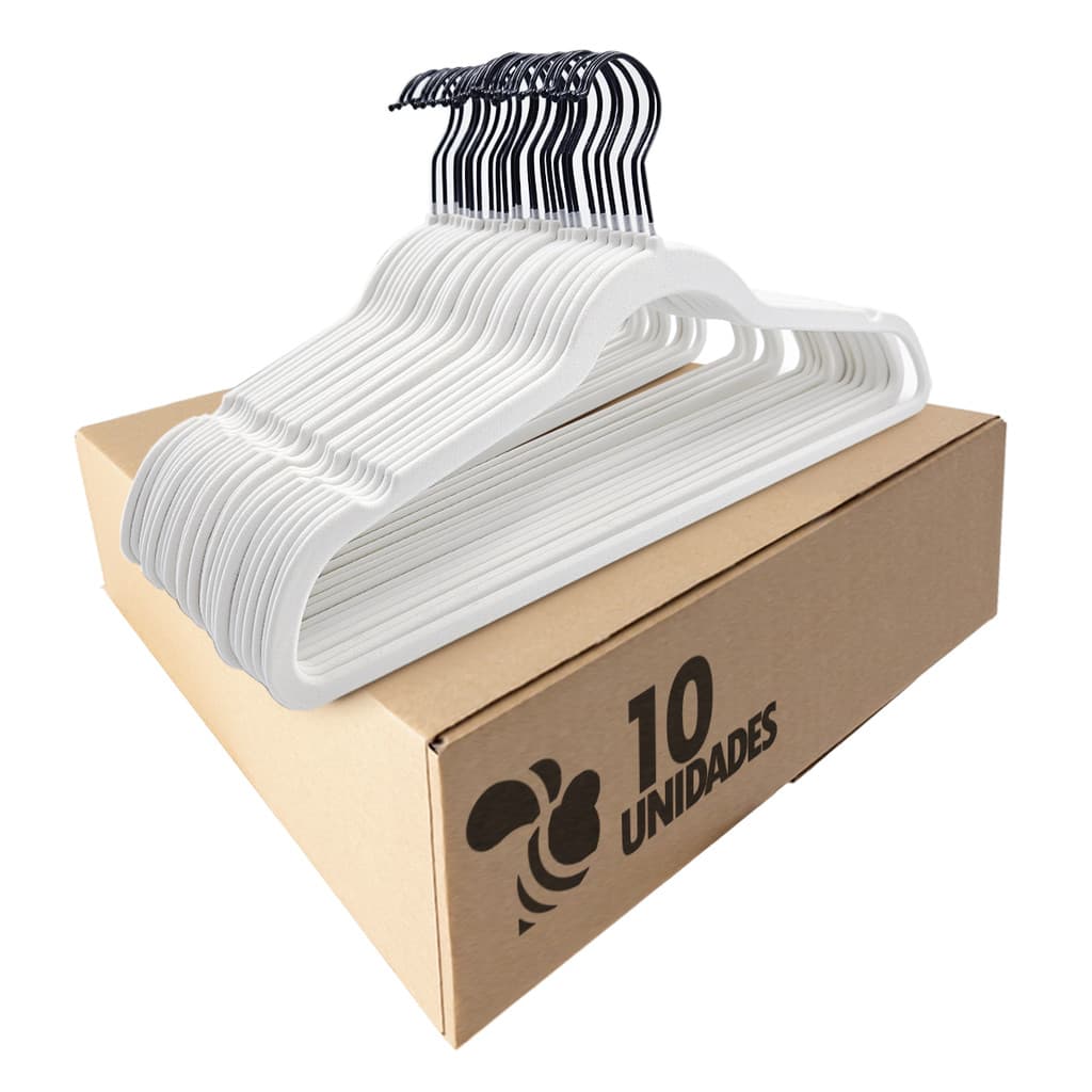 Kit 10 Cabides Veludo Branco e Gancho Preto Antideslizantes