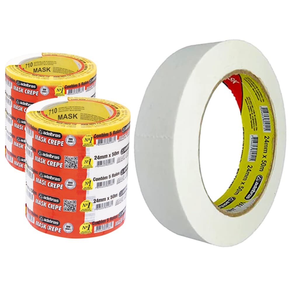 Kit 10 Rolos De Fita Crepe 24mm x 50m Adelbras Mask 710 Médio Pintura Mascaramento