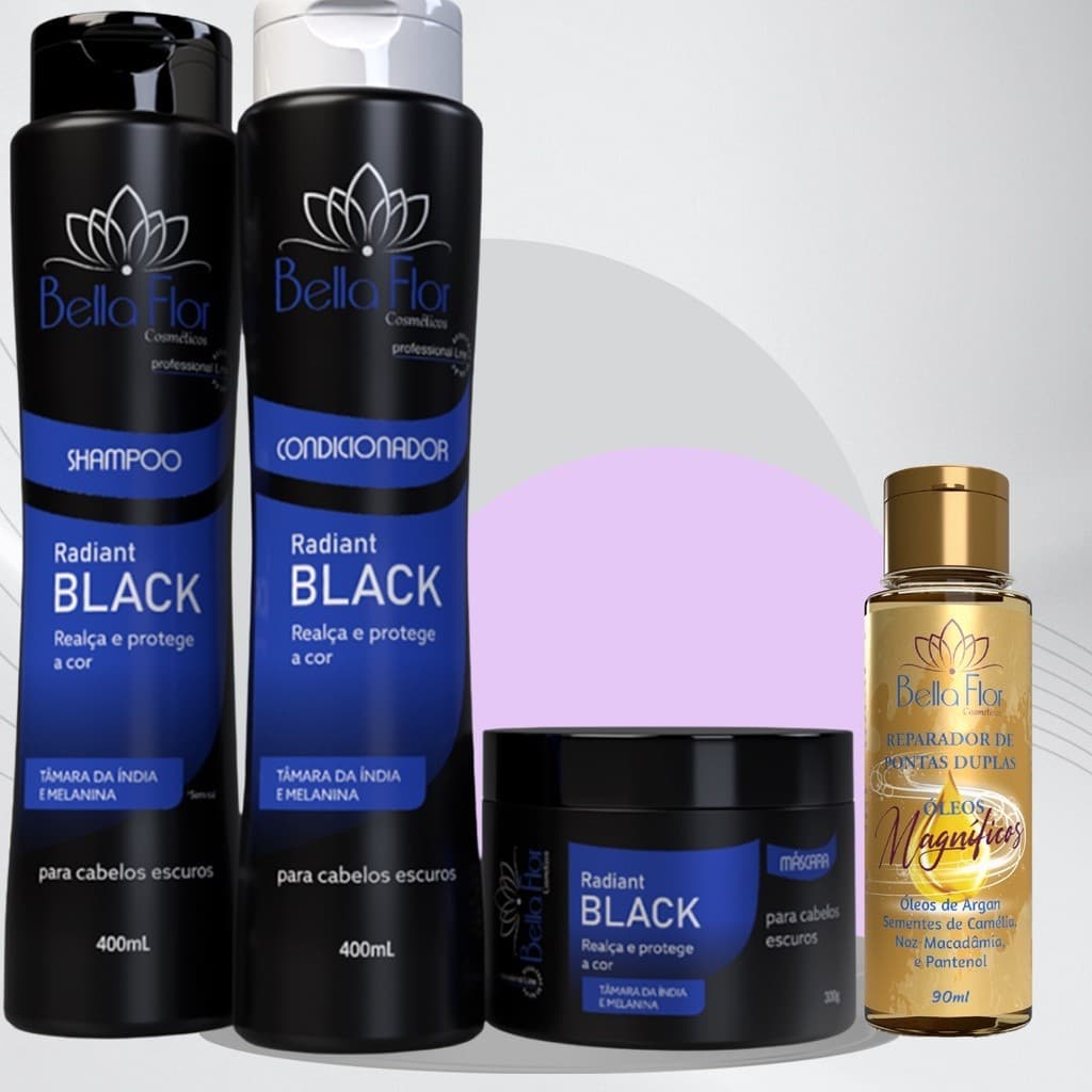 Kit Capilar Radiant Black 4 Produtos Shampoo Condicionador Máscara Reparador de Pontas Bella Flor Cabelos Escuros Brilho