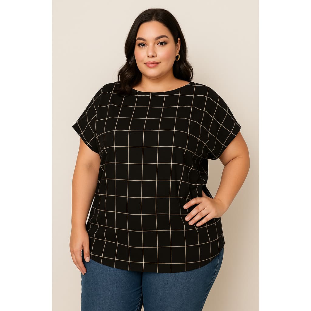 Blusa Xadrez Plus Size Elegante Social Moda Feminina Listrada BAsica Curve 2544