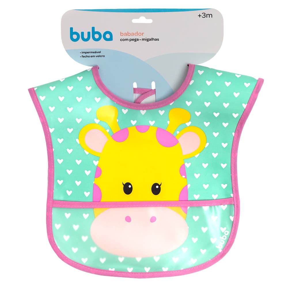 Babador Impermeável Infantil Buba Com Bolso Pega Migalhas Girafinha