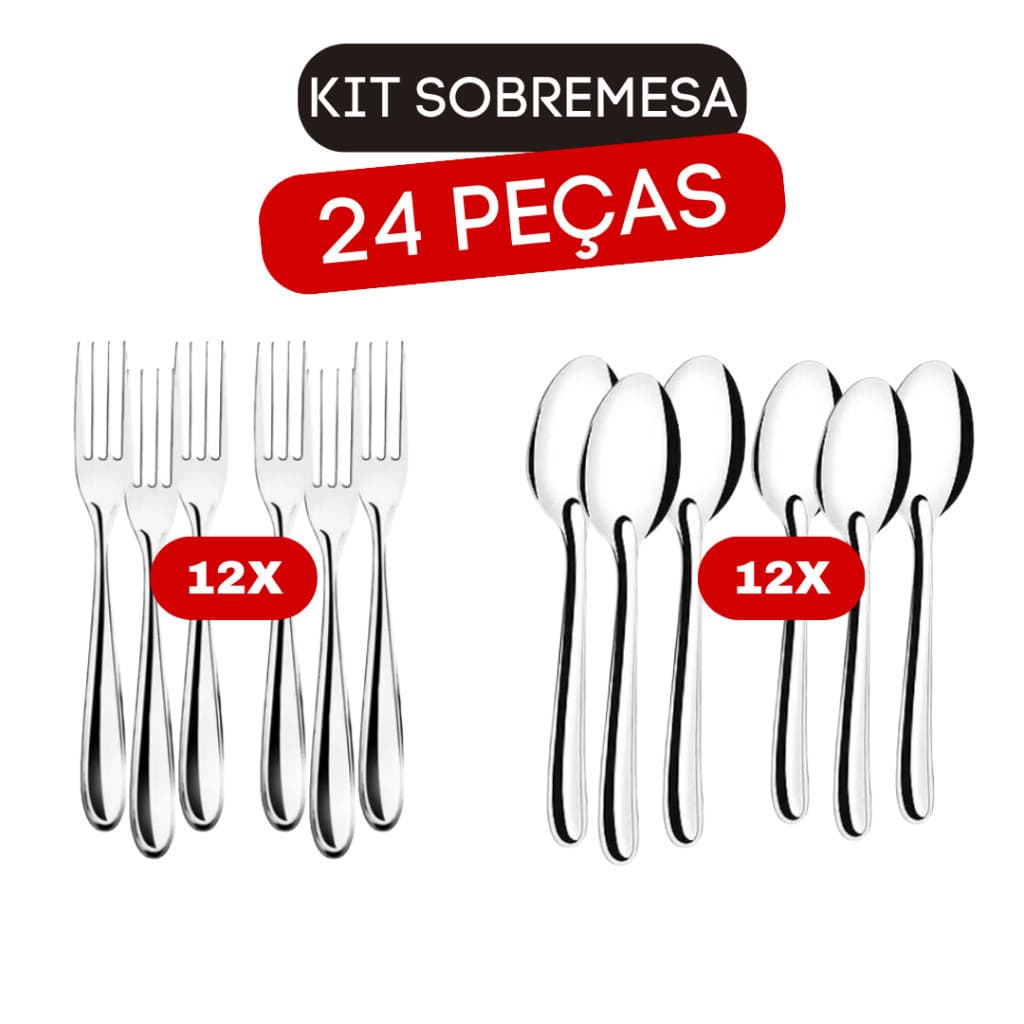 Conjunto 24 Peças em Aço Inox 12 Garfos Sobremesa  + 12 Colheres de Sobremesa Aço Inox