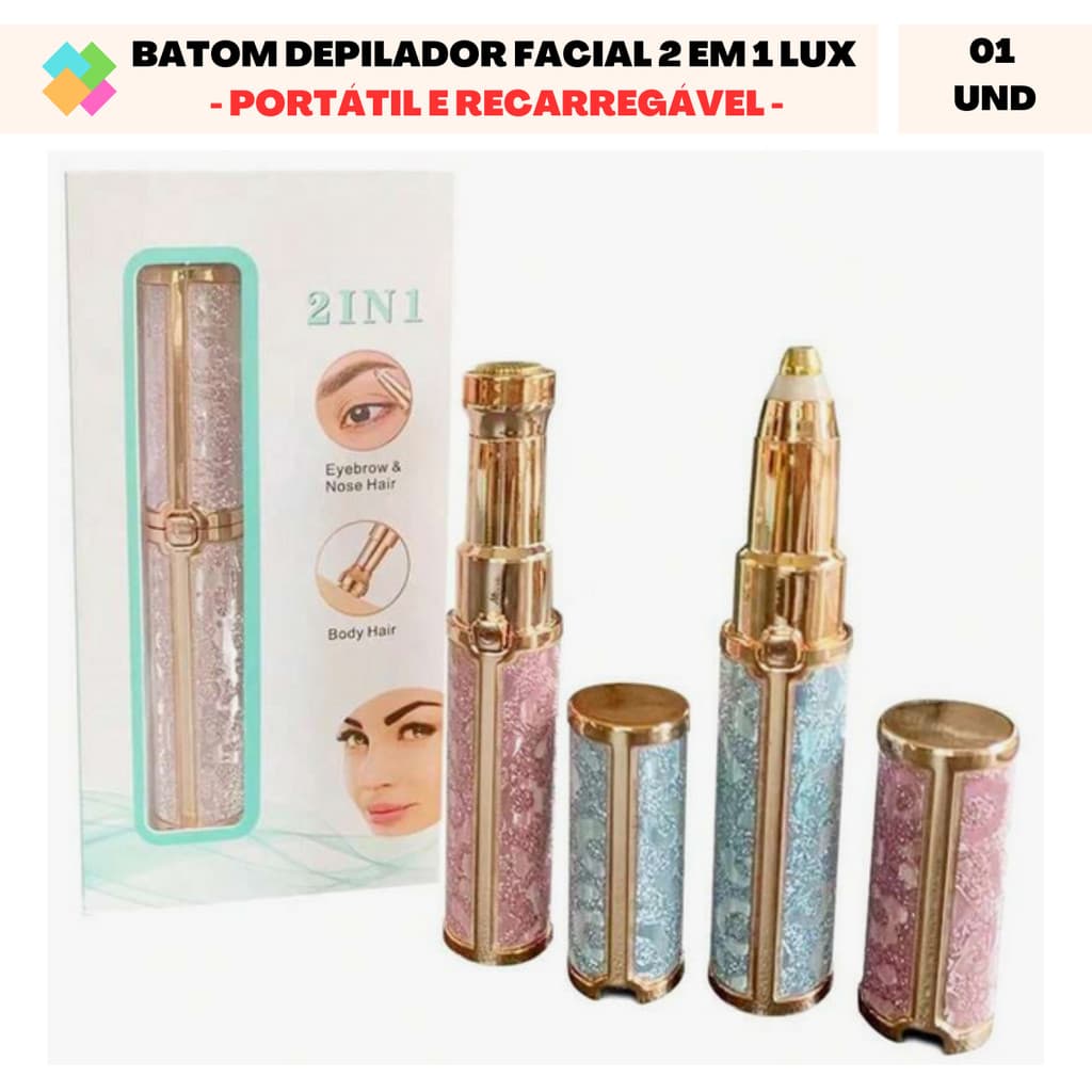 Batom Depilador Facial 2 em 1 Lux Portátil e Recarregável Para Sobrancelha e Buço