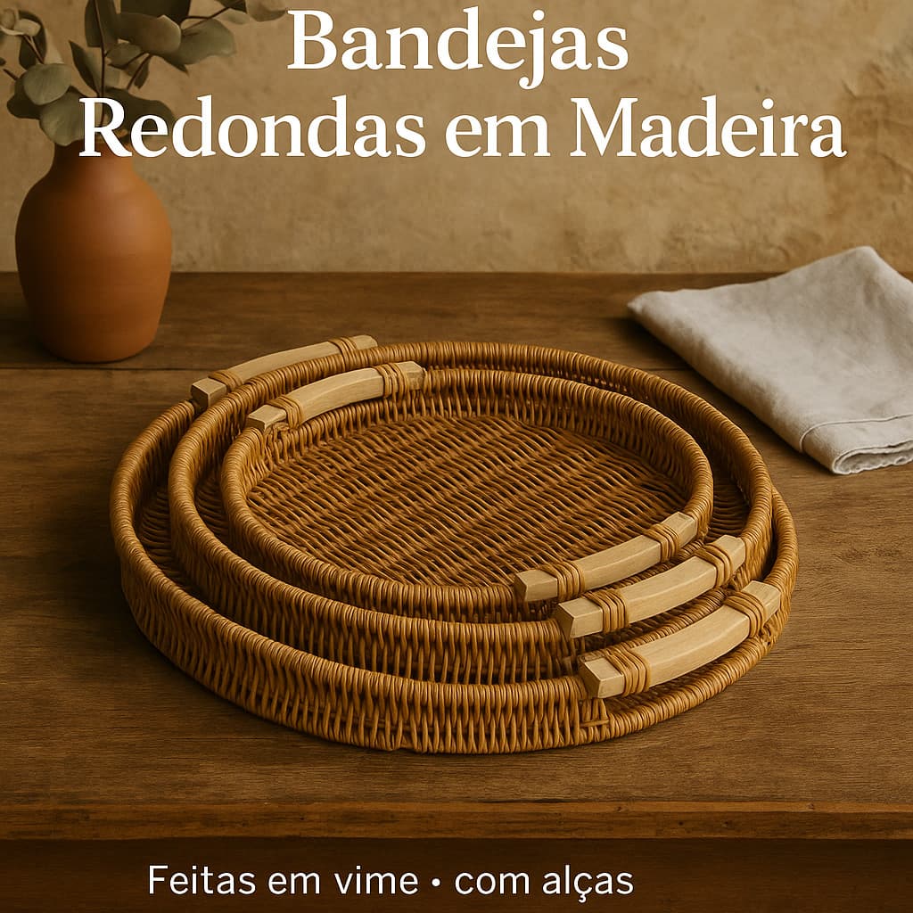 Kit 3 Bandejas de Vime Redondas com Alça em Madeira - Decoração Rústica para Mesa e Cozinha