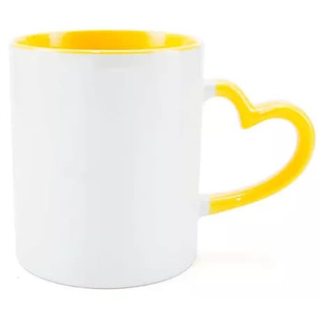 Caneca de Cerâmica com Interior e Alça Coração Amarelo para Sublimação - 325ml