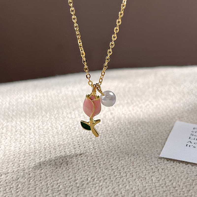 Novo Colar Feminino de Ouro Moda Tulipa Pérola Pingente Minimalista Jóias Acessórios Presente Significativo