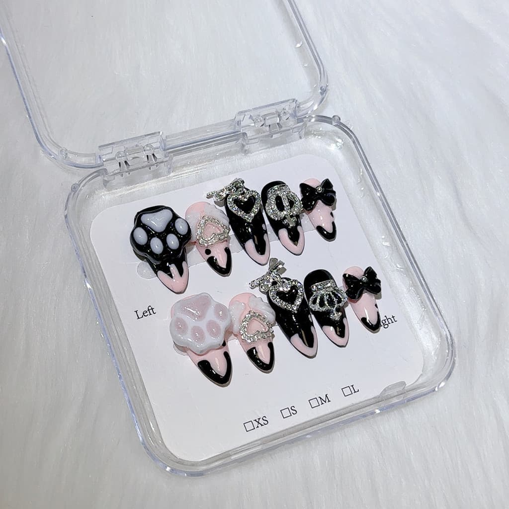 Japonês Jirai Y2K Amêndoa Curta Artesanal Imprensa Em Unhas Preto Rosa 3D Arco Garra De Gato Bonito Menhera Postiças Asa