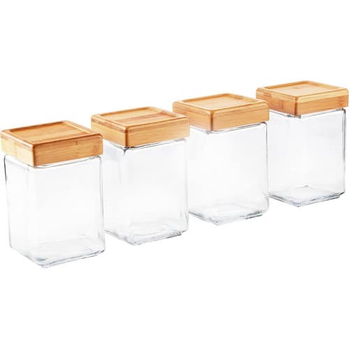 4x Pote Porta Mantimentos Vidro Hermético C/ Tampa De Bambu