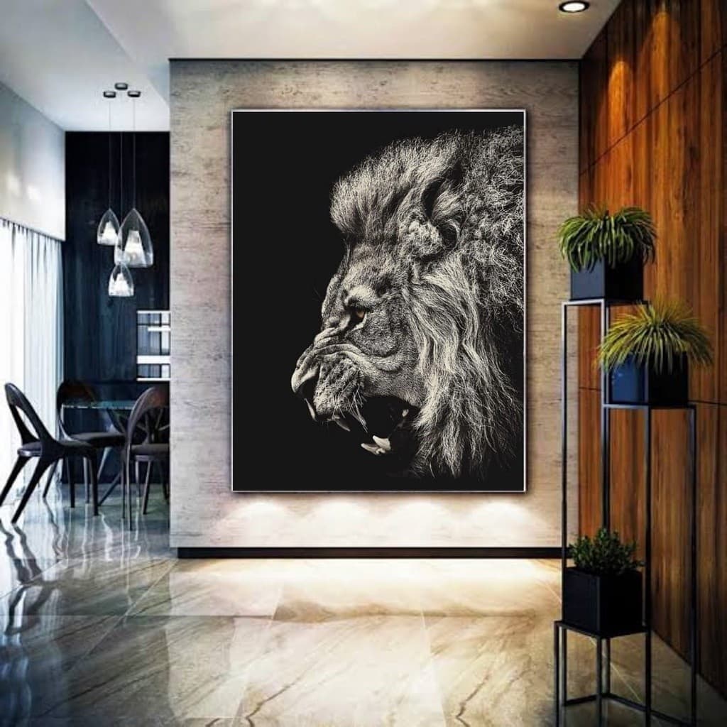Quadro Decorativo Grande Alta Resolução Quadro de Parede Paisagem Leão Bravo Preto e Branco 1 Peça 90x70