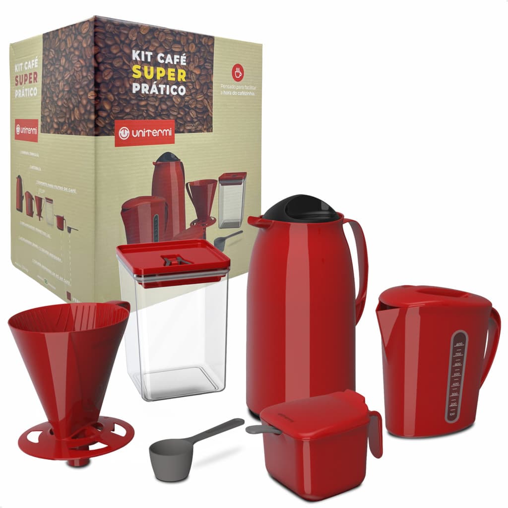 Kit Café Super Prático Garrafa Térmica 1L Leiteira Açucareiro Pote Hermético Suporte Colher Medida