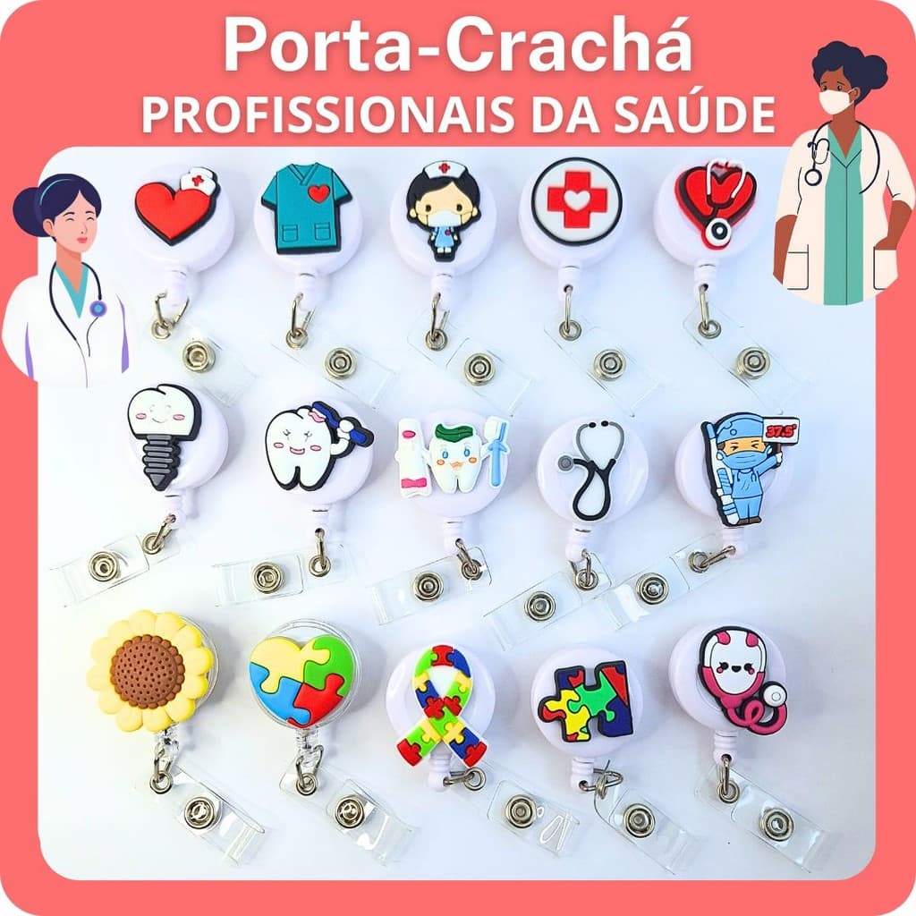 Porta-Crachá Retrátil Roller Clip Enfermagem Medicina Odonto
