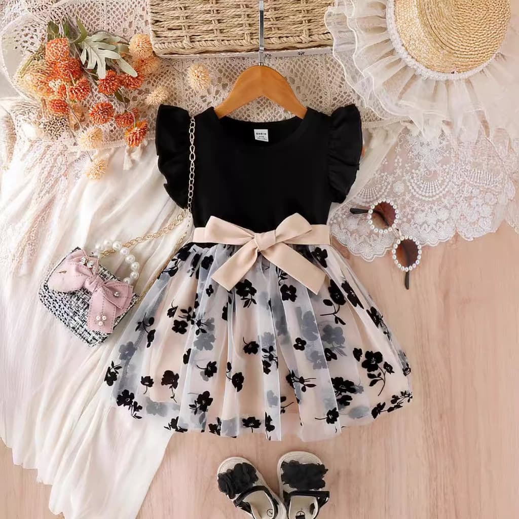 Novo Estilo 3-8 Anos Verão Mangas Voadoras Série Menina Vestido Flor Crianças Festa Princesa Bebê Casual