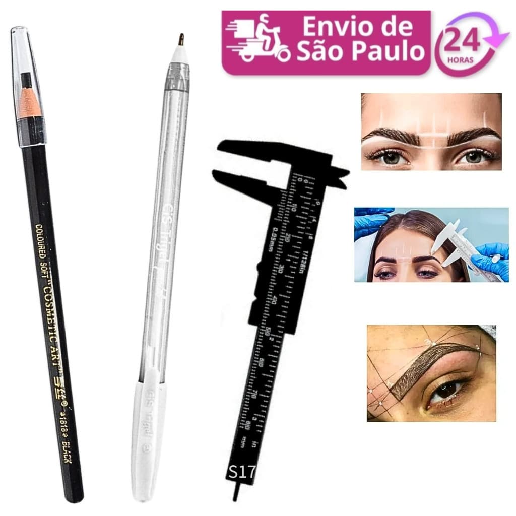 Lápis Dermatográfico + Paquímetro + Caneta Gel Branca para Sobrancelha Perfeita S-016