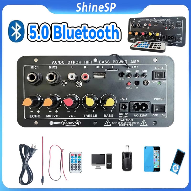 110V 220V 12V Digital Bluetooth Placa Amplificadora Subwoofer Microfone Duplo Karaokê Amp Alto-falante Home Theater