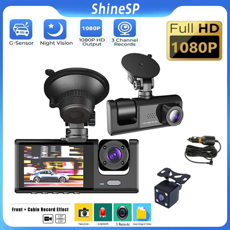 3 Lens DVR Vehicles Security Camera 1080P Video Recorder Record Front, Inside and Rear View