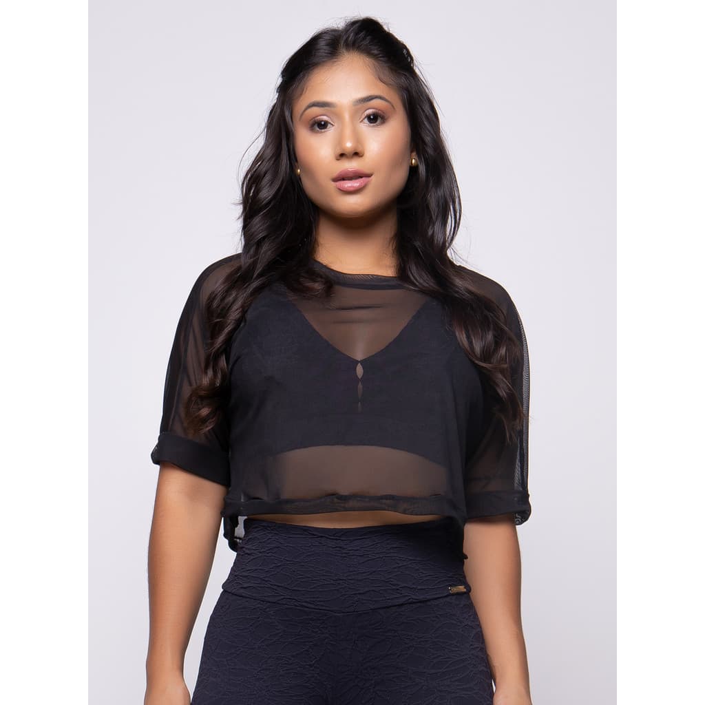 Blusa Marla Cropped de Tule Fitness leve e respirável