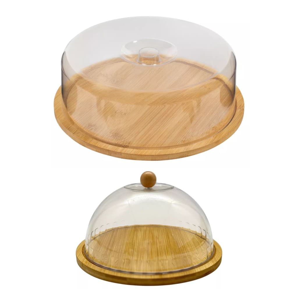 Boleira + Queijeira Redonda De Bambu Com Tampa Acrílico Porta Bolo Queijo Elegante Versátil