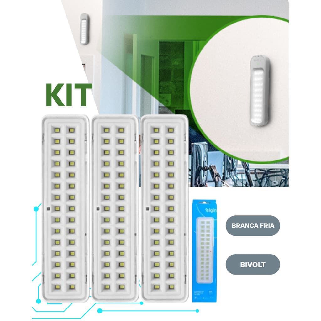 Kit 3 Luminária Lâmpada De Emergência Elgin 30 Led 2w 6500k