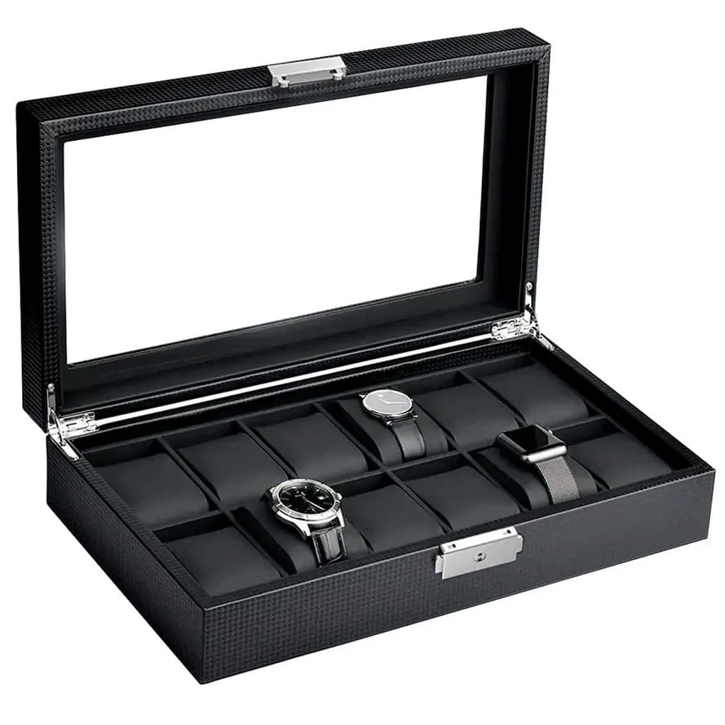 Porta Relógios Vitino Carbon Collector 12 Nichos com Tampa de Vidro