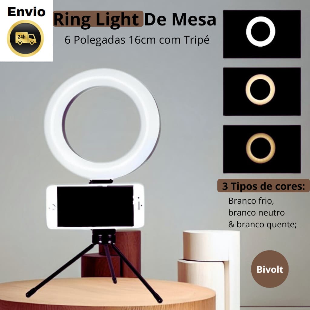 Ring Light De Mesa 6 Polegadas 16cm com Tripé